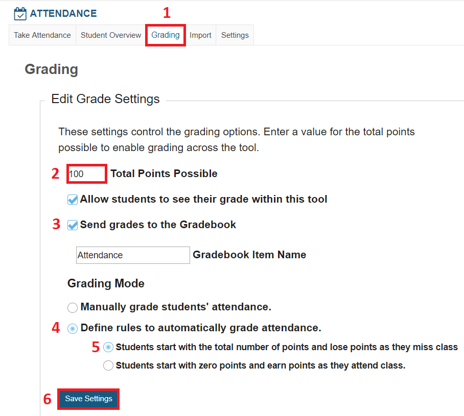 edit settings in Sakai attendance grading tab