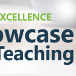 7th center for faculty excellence faculty showcase banner with instructor and students working with large sheets of paper and markers on the ground