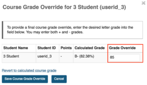 highlighted grade override in Sakai Gradebook