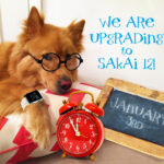 golden dog wearing glasses and watch announces we are upgrading to Sakai 12 January 3rd!