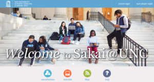 Sakai welcome header of diverse group of Carolina students using laptops outside on Wilson Library steps with Sakaiger mascot hidden in back corner