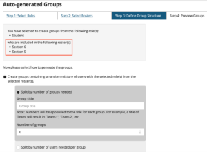 defining group structure with two section rosters selected during auto-generated group creation in Sakai