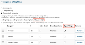 setting items in Sakai Gradebook category to have equal weight