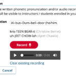 Sakai user profile includes phonetic spelling and pronoun Al–bus–Dum–bell–door (he/him/his) and name recording
