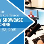 Faculty Showcase on Teaching April 22 and 23 banner features Carolina professor Kris Jordan editing on-screen video