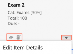 Gradebook eye and calculator icons with slashes through them and down arrow to edit item details