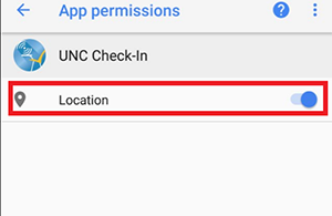 The App permissions screen from an Android device with the Location menu highlighted in red.