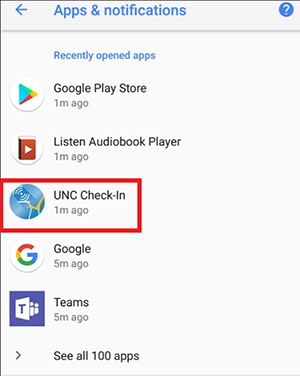 Screenshot of the Apps & Notifications menu from an Android device. The UNC Check-In app is highlighted in red.