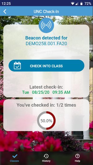 U-N-C Check-in App screen shows Beacon detected for Demo258.001.FA20 with button to check into class