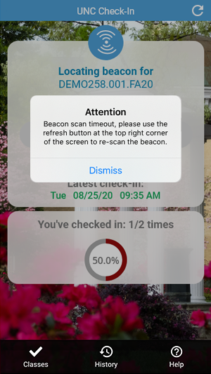 Screenshot of the UNC Check-In app from an iOS device with a prominent alert box. The box says Attention: Beacon scan timeout, please use the refresh button at the top right corner of the screen to re-scan the beacon.