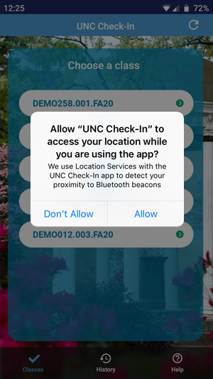 popup to allow U-N-C check-in app to access your location while using the app on iPhone