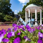 flowers and carolina bike in front of Old Well