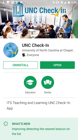 Screenshot of the UNC Check-In App displaying the Location screen in Android devices with a checkmark next to the text "Always Allow Location Access"
