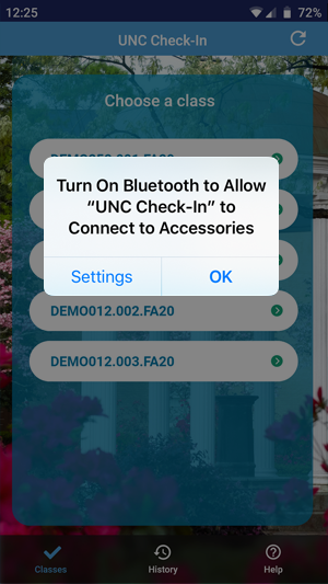 popup on iphone to turn on bluetooth to allow U-N-C check-in to connect to accessories