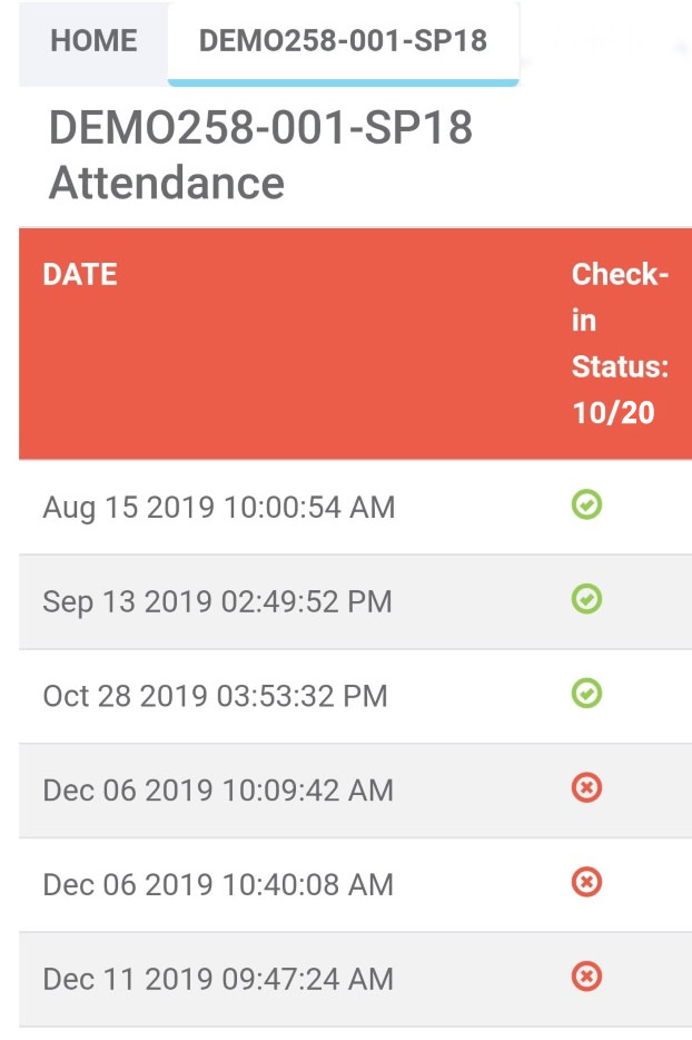 History of past attendance in U-N-C check-in app