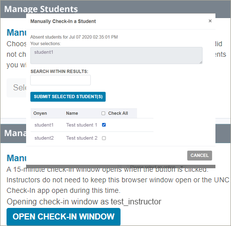 student selected on dashboard to manually check into U-N-C check-in app