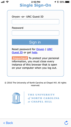 UNC Chapel Hill Login Screen