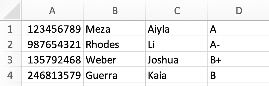 spreadsheet lists PIDs in column A, last names in column B, first names in column C, letter grades in column D