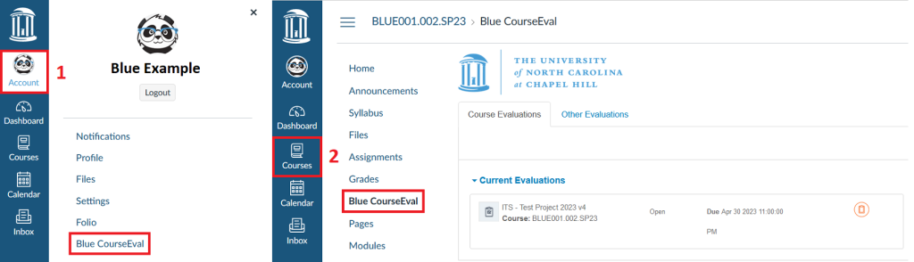 Screenshot showing Blue CourseEval tool available under Account and on a course side menu. 