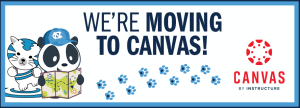 Banner announcing we're moving to Canvas features Sakaiger and Canvas panda looking at transition map