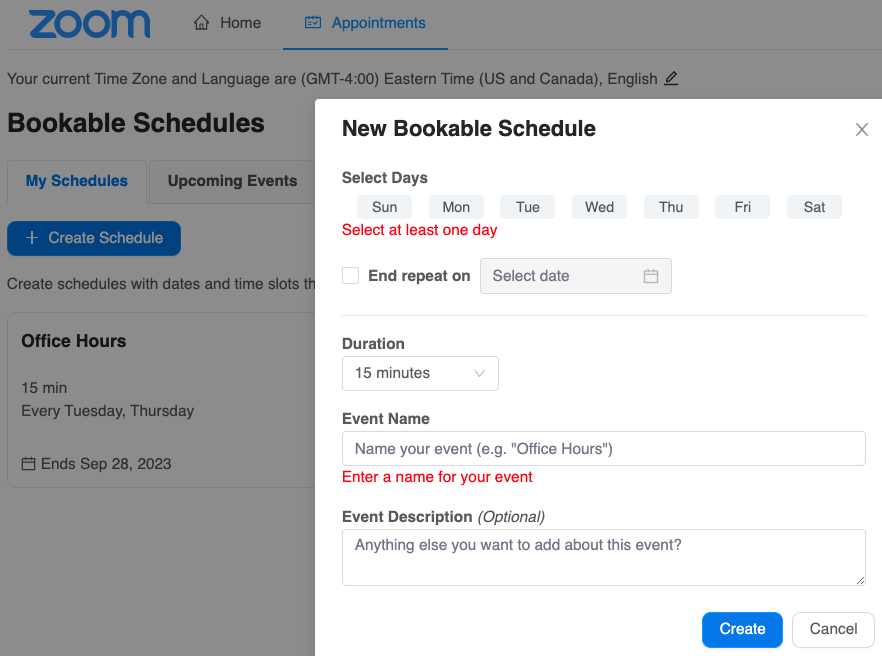 Create Zoom appointment schedule